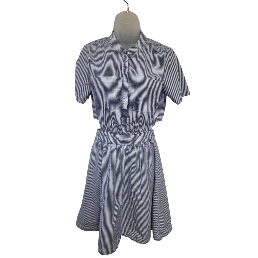 Avec Les Filles Blue White Striped Cutout Back Shirt Dress Band Collar Womens